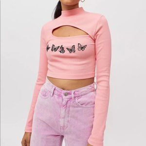 NWT Urban Outfitters Embroidered Butterfly Long Sleeve Tee Pink